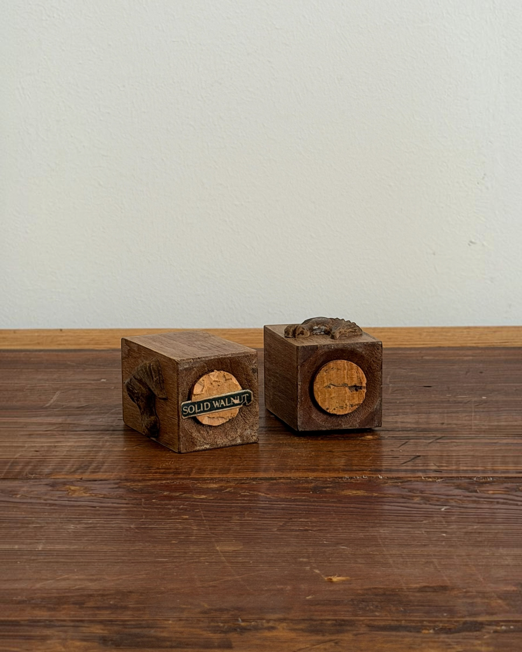 Homestyle Collective vintage solid walnut horse salt and pepper shakers with copper Lincoln Tomb emblems