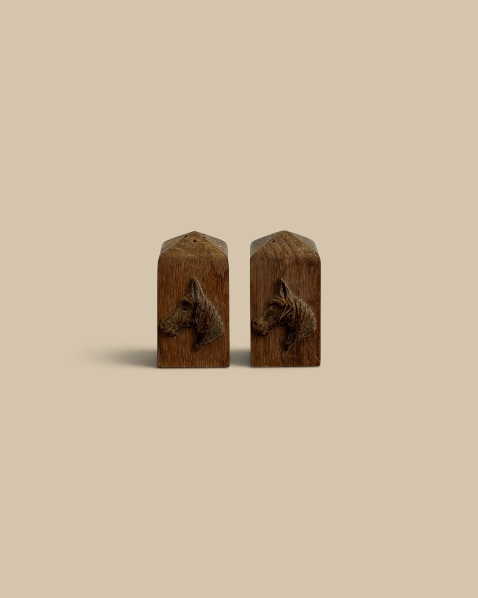 Homestyle Collective vintage solid walnut horse salt and pepper shakers with copper Lincoln Tomb emblems