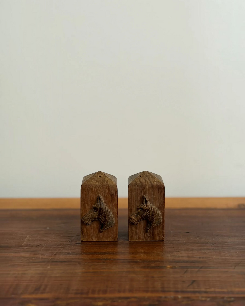 Homestyle Collective vintage solid walnut horse salt and pepper shakers with copper Lincoln Tomb emblems