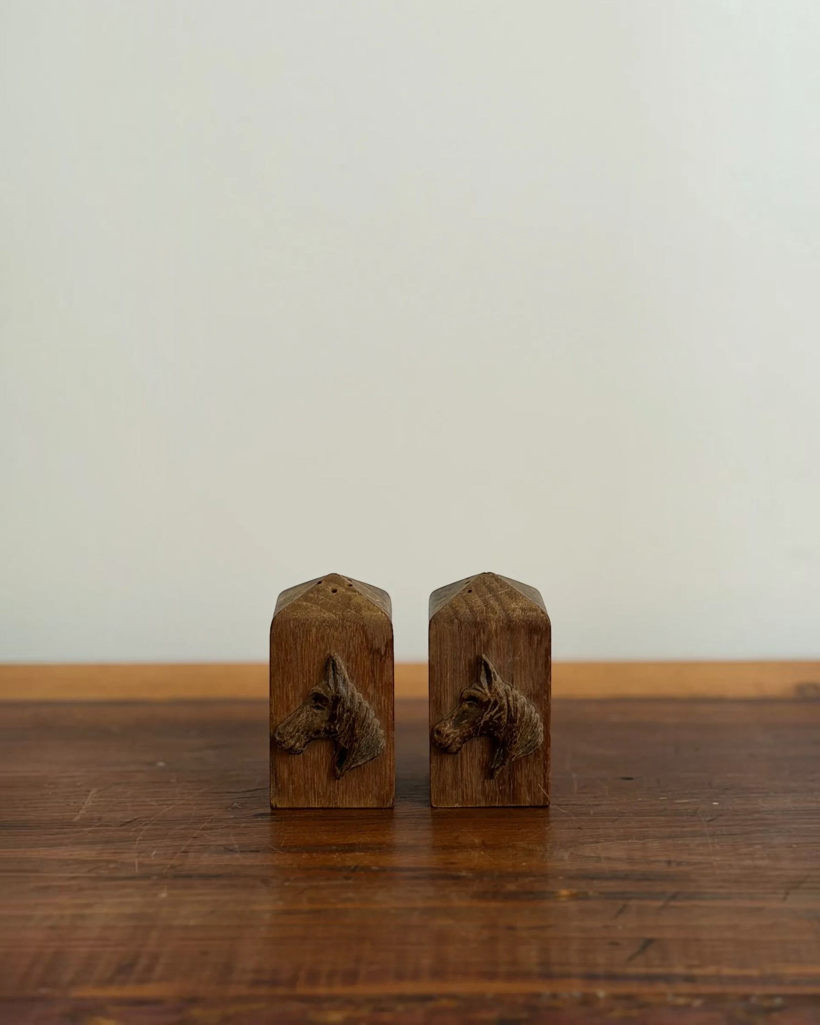 Homestyle Collective vintage solid walnut horse salt and pepper shakers with copper Lincoln Tomb emblems