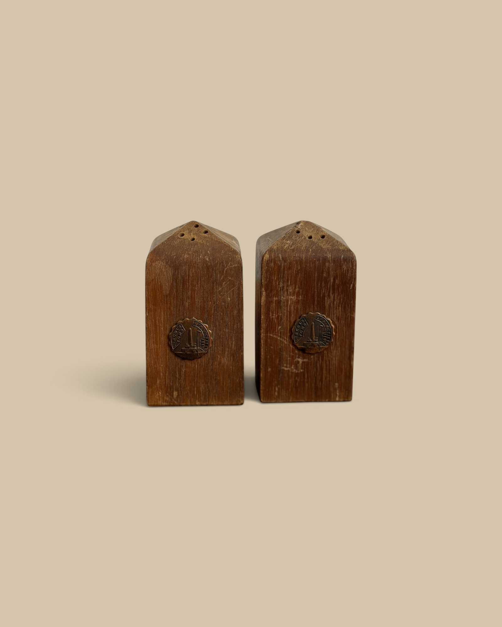Homestyle Collective vintage solid walnut salt and pepper shakers with copper Lincoln Tomb emblems