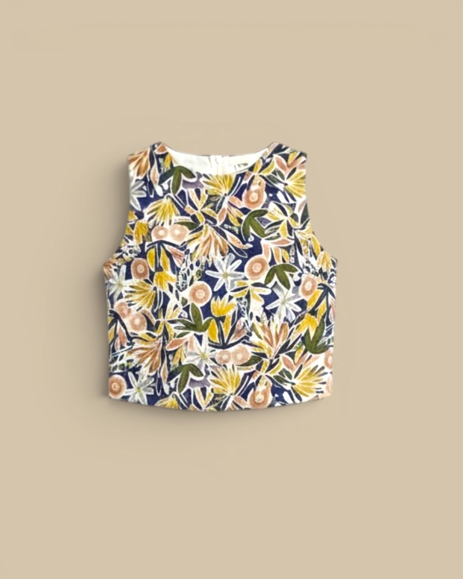 Homestyle Collective watercolor floral A-line midi skirt with elastic waistband and navy blue base.