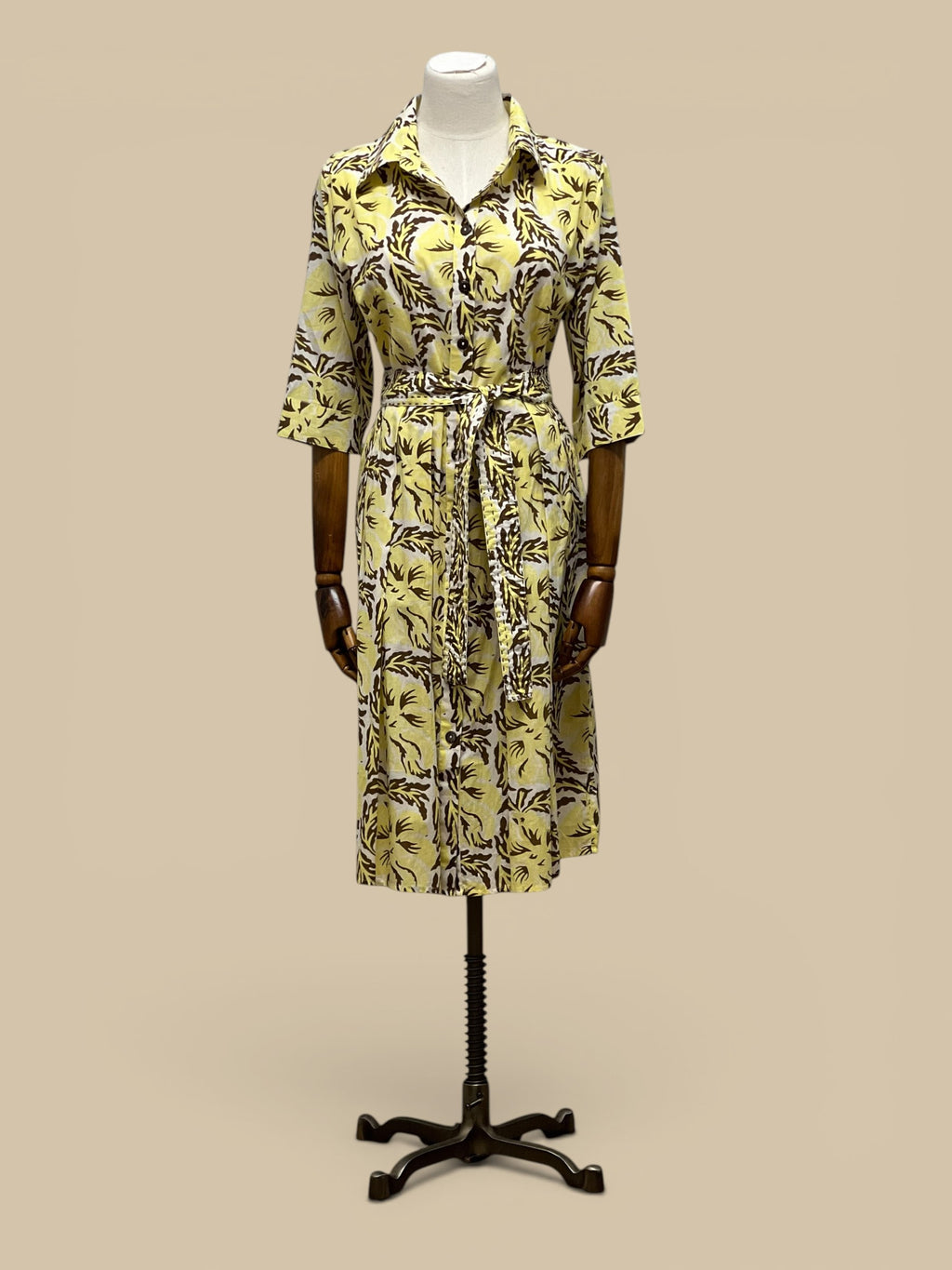 Homestyle Collective yellow cotton block print midi dress with tie waist and contrast cuffs.