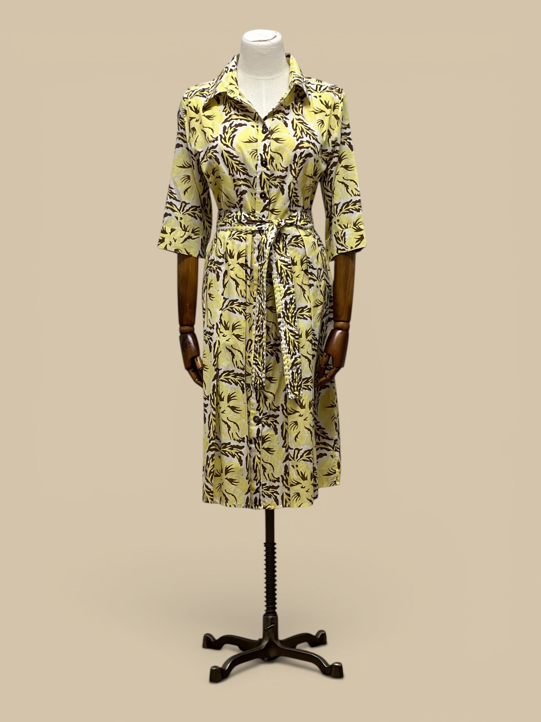 Homestyle Collective yellow cotton block print midi dress with tie waist and contrast cuffs.