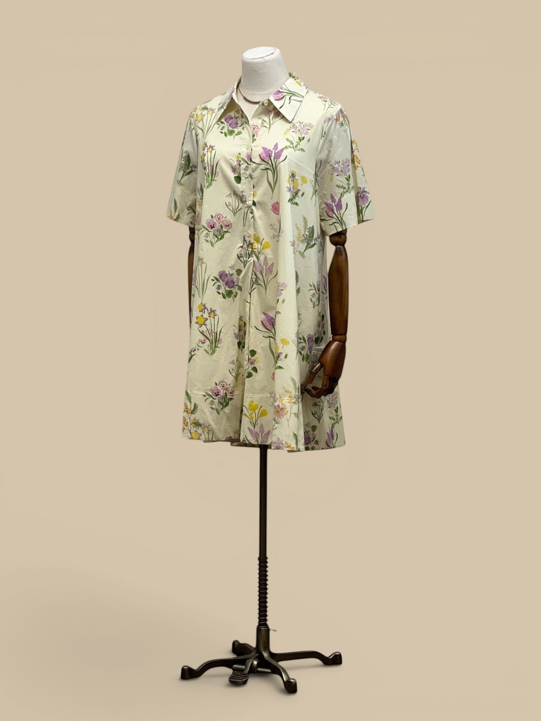 Homestyle Collective yellow floral print cotton mini dress with short sleeves and collared neckline.