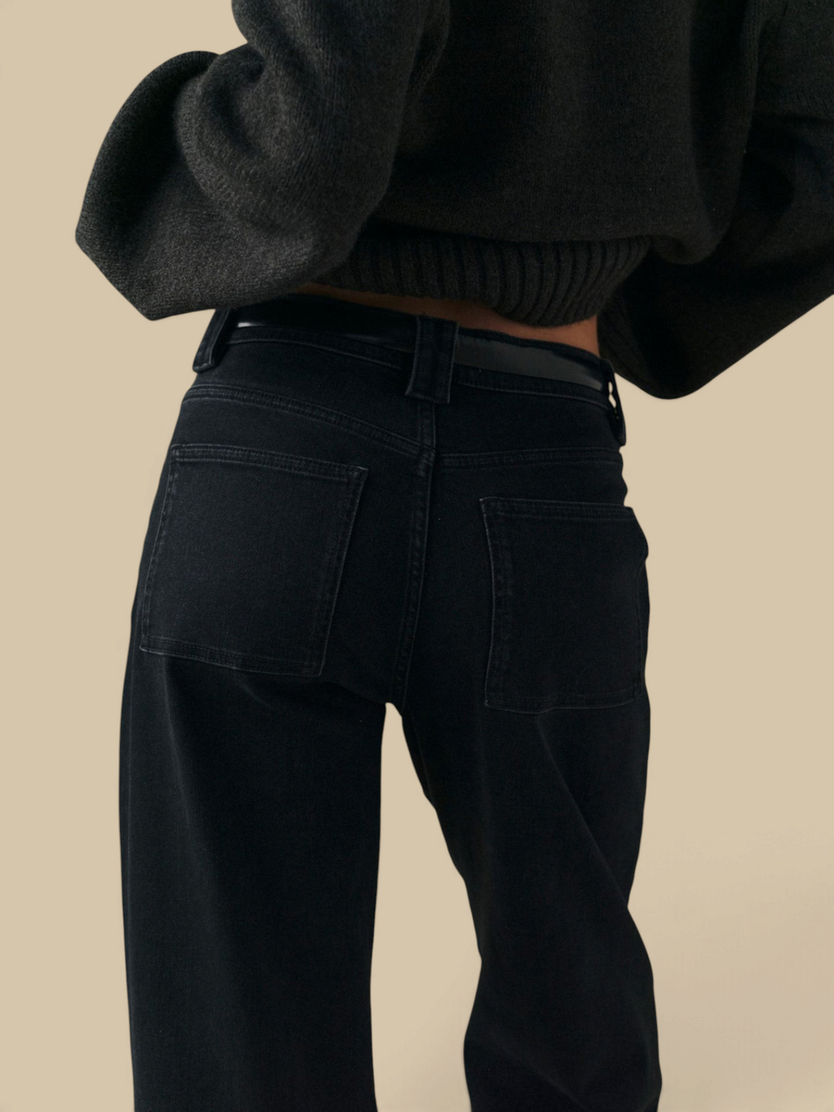 Homestyle Collective BNA Soft Curve Barrel Jeans in Nightbird black denim with workwear-inspired back pockets